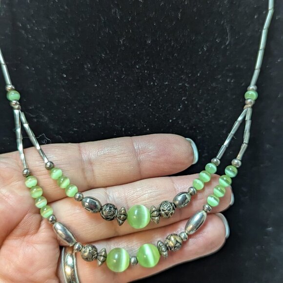 Silver Tone Green Bead Circle Round Dangle Drop Earrings Necklace Set Jewelry - Picture 7 of 10